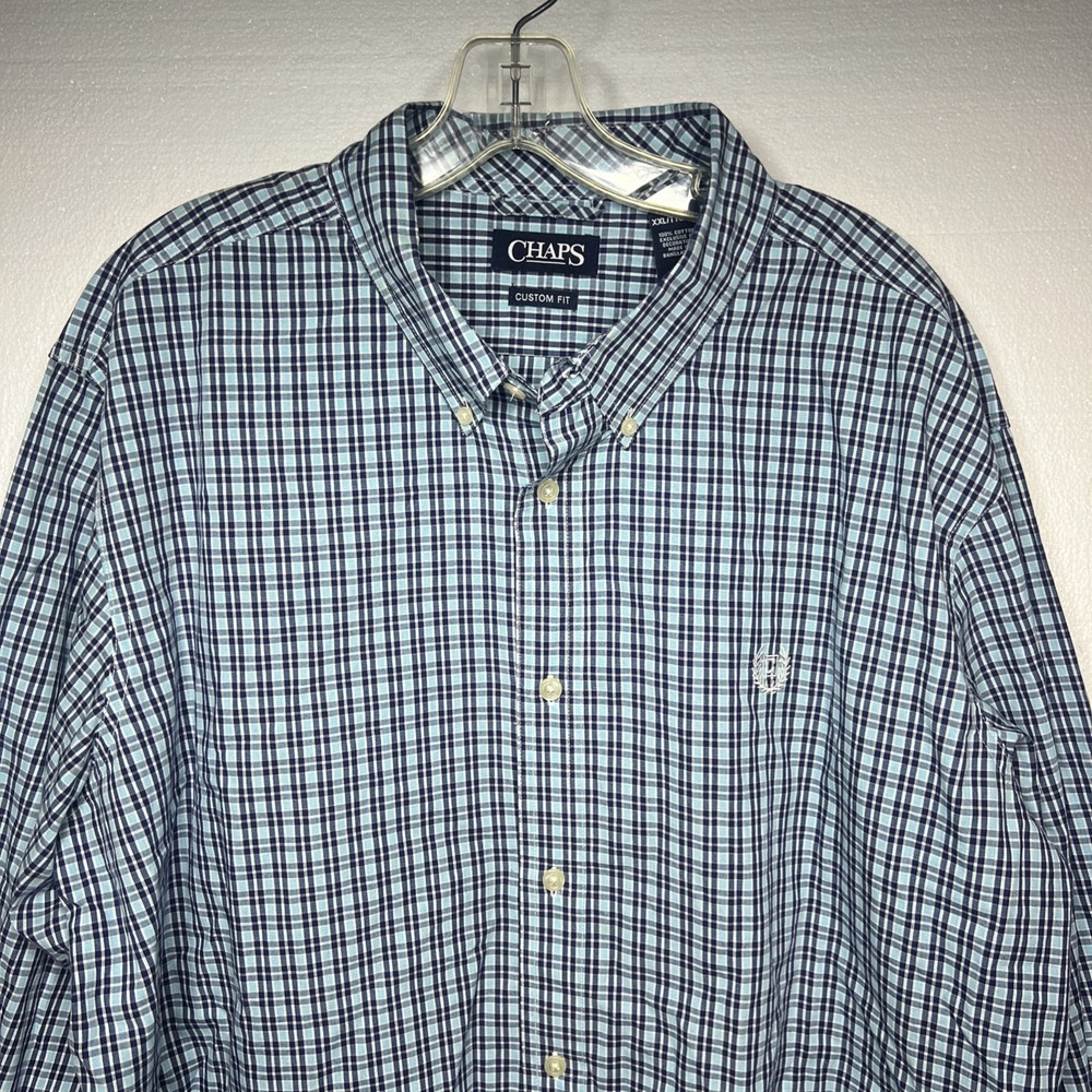 EUC CHAPS Mens XXL Blue Plaid Long‎ Sleeve Shirt Button-Up Custom Fit